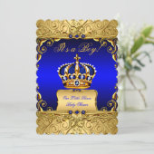 Invitation Royal Blue Damask Gold Crown Baby shower Boy bs3 (Debout devant)