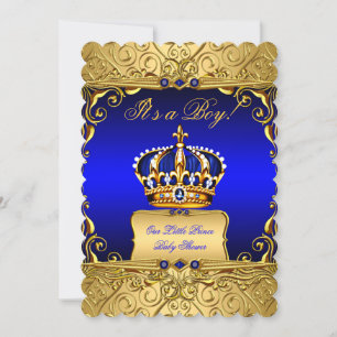 Invitation Royal Blue Damask Gold Crown Baby shower Boy bs3