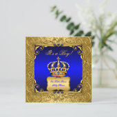 Invitation Royal Blue Damask Gold Crown Baby shower Boy bs4 (Debout devant)