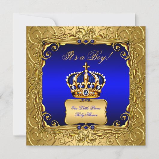 Invitation Royal Blue Damask Gold Crown Baby shower Boy bs4 (Devant)