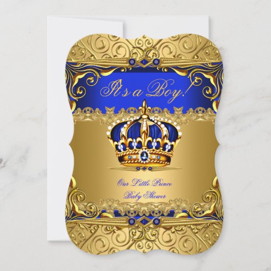 Invitation Royal Blue Damask Gold Crown Baby shower Boy bs5 (Devant)