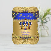 Invitation Royal Blue Damask Gold Crown Baby shower Boy bs5 (Debout devant)
