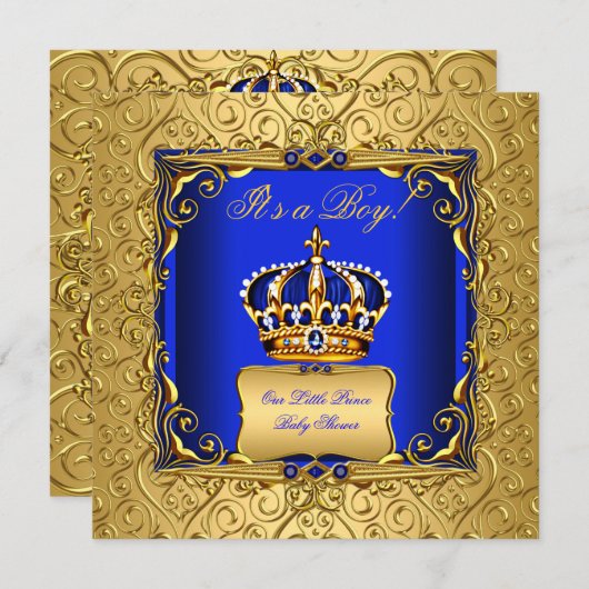 Invitation Royal Blue Damask Gold Crown Baby shower Boy bsc (Devant / Derrière)