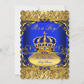 Invitation Royal Blue Damask Gold Crown Baby shower Boy RB3 (Devant)