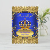 Invitation Royal Blue Damask Gold Crown Baby shower Boy RB3 (Debout devant)