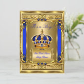 Invitation Royal Blue Damask Gold Crown Baby shower Garçon bg (Debout devant)