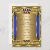 Invitation Royal Blue Damask Gold Crown Baby shower Garçon bg (Dos)