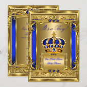 Invitation Royal Blue Damask Gold Crown Baby shower Garçon bg (Devant / Derrière)