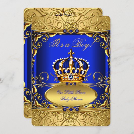 Invitation Royal Blue Damask or Crown Baby shower Boy RB2 (Devant / Derrière)