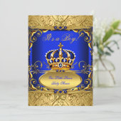 Invitation Royal Blue Damask or Crown Baby shower Boy RB2 (Debout devant)