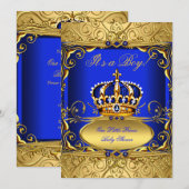 Invitation Royal Blue Damask or Crown Baby shower Boy RB2 (Devant / Derrière)