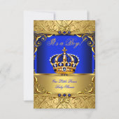 Invitation Royal Blue Damask or Crown Baby shower Garçon PETI (Devant)