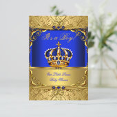 Invitation Royal Blue Damask or Crown Baby shower Garçon PETI (Debout devant)