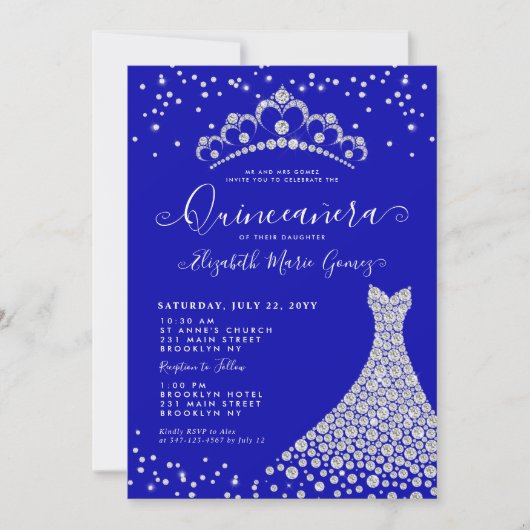 Invitation Royal Blue Diamond Sparkle Tiara Gown Quinceanera (Devant)
