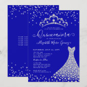 Invitation Royal Blue Diamond Sparkle Tiara Gown Quinceanera (Devant / Derrière)
