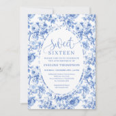 Invitation Royal Blue Digital Floral 16th Birthday Invite (Devant)