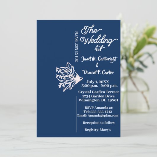 Invitation Royal Blue Elegant Mariage de fleurs blanches (Debout devant)