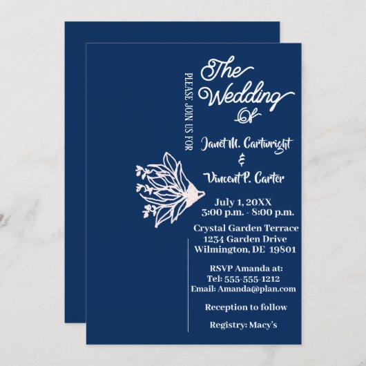 Invitation Royal Blue Elegant Mariage de fleurs blanches (Devant / Derrière)