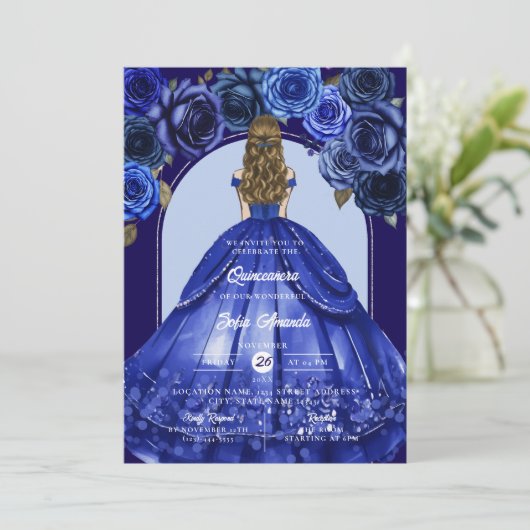 Invitation Royal Blue Elegant Quinceañera Princess Party (Debout devant)