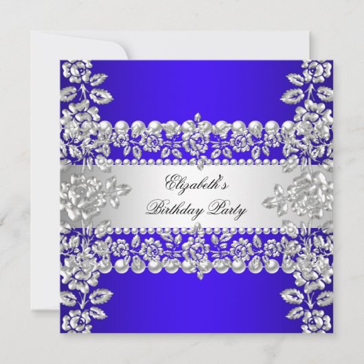 Invitation Royal Blue Elegant Silver Floral fête d'anniversai (Devant)