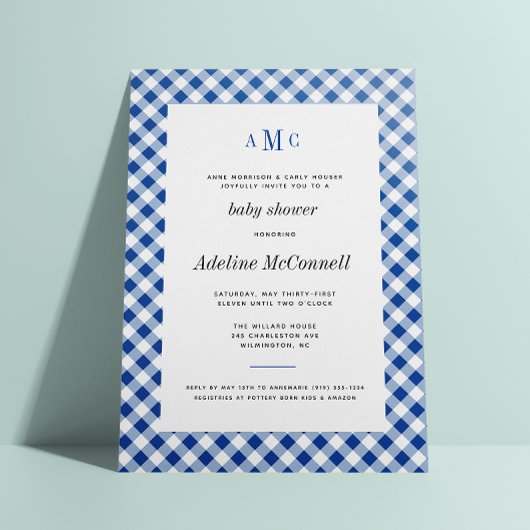 Invitation Royal Blue En vichy Baby shower traditionnel