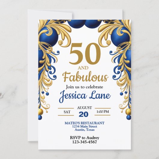 Invitation Royal Blue et Ballons Dorés Anniversaire (Devant)