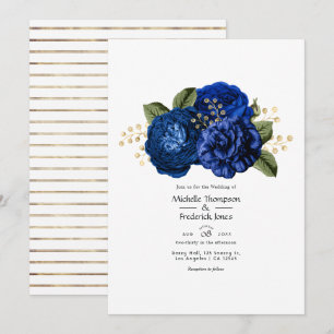Invitation Royal Blue et Faux Foil Gold Floral Mariage