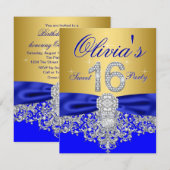 Invitation Royal Blue et Gold Diamond Sweet 16 Party (Devant / Derrière)
