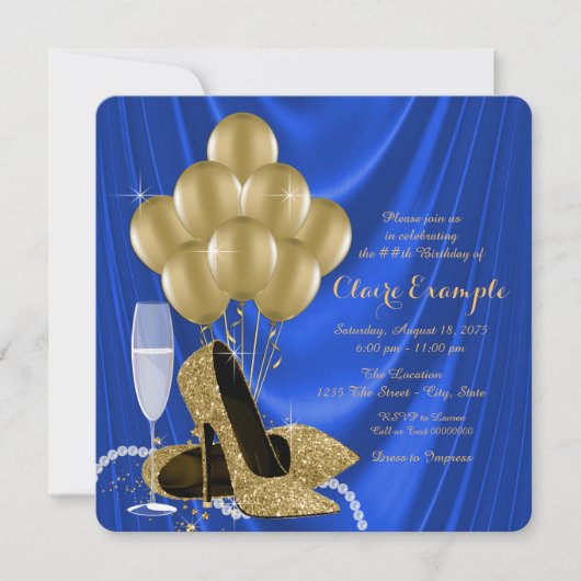 Invitation Royal Blue et Gold fête d'anniversaire Glamour Sat (Devant)