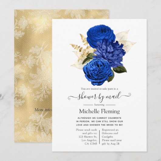 Invitation Royal Blue et Gold Floral Fête des mariées par cou (Devant / Derrière)