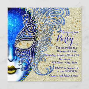Invitation Royal Blue et Gold Masquerade Party
