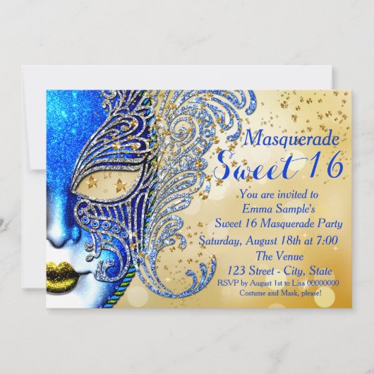 Invitation Royal Blue et Gold Sweet 16 Masquerade Party (Devant)