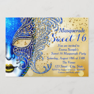 Invitation Royal Blue et Gold Sweet 16 Masquerade Party