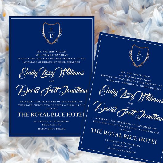 Invitation Royal Blue et Golden Classic Monogramme Whimsical