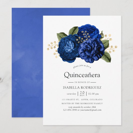 Invitation Royal Blue et or Floral Quinceañera (Devant / Derrière)