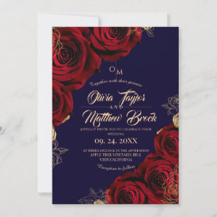 Invitation Royal Blue et Red Burgundy Rose Flower Mariage