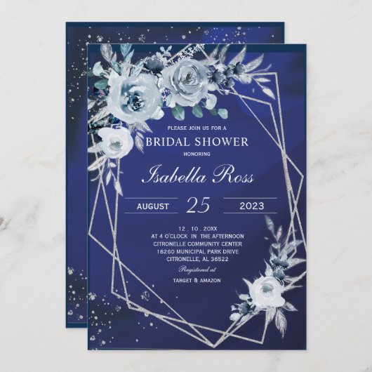Invitation Royal Blue et Silver Bridal Showback (Devant / Derrière)