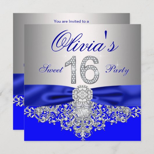 Invitation Royal Blue et Silver Diamond Sweet 16 Party (Devant / Derrière)