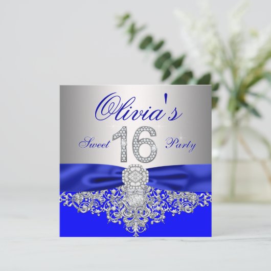Invitation Royal Blue et Silver Diamond Sweet 16 Party (Debout devant)