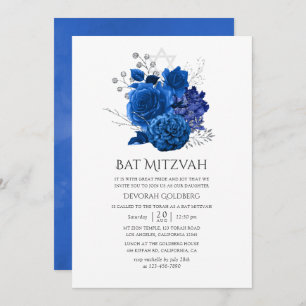 Invitation Royal Blue et Silver Floral Bat mitzvah
