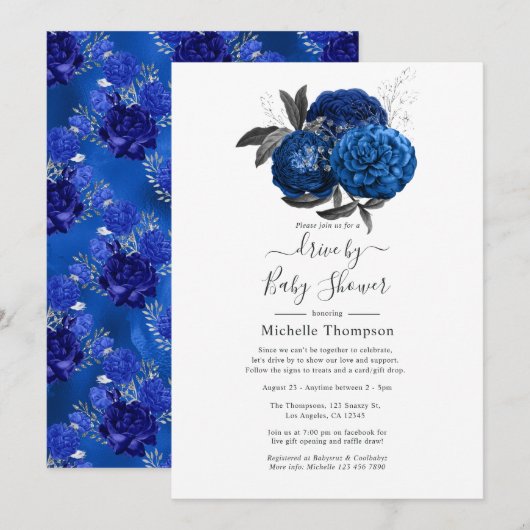 Invitation Royal Blue et Silver Floral Drive par douche (Devant / Derrière)