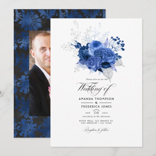 Invitation Royal Blue et Silver Floral Mariage Photo (Devant / Derrière)