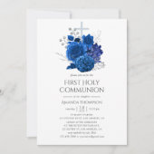Invitation Royal Blue et Silver Floral Première communion sai (Devant)