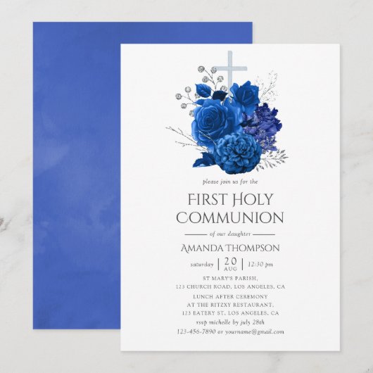 Invitation Royal Blue et Silver Floral Première communion sai (Devant / Derrière)