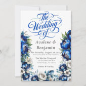 Invitation Royal Blue et Silver Peony Mariage Calligraphie (Devant)