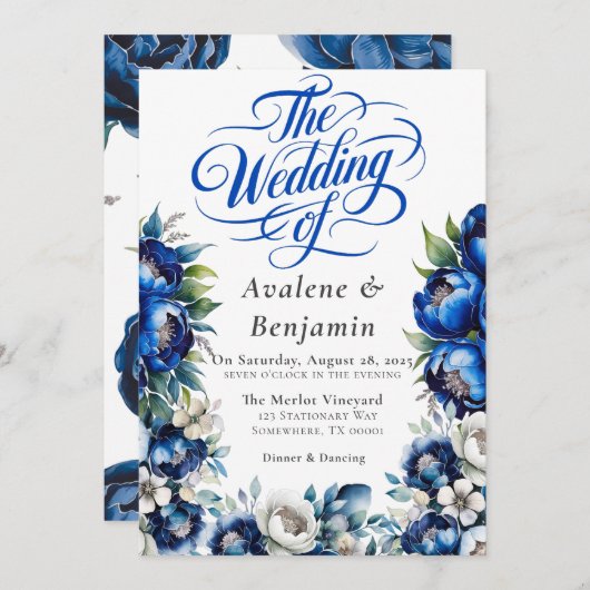 Invitation Royal Blue et Silver Peony Mariage Calligraphie (Devant / Derrière)