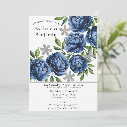 Invitation Royal Blue et Silver Peony Mariage Couples Douche (Debout devant)