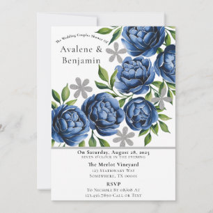 Invitation Royal Blue et Silver Peony Mariage Couples Douche