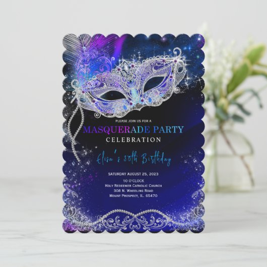 Invitation Royal Blue et Silver pour la fête Masquerade (Debout devant)