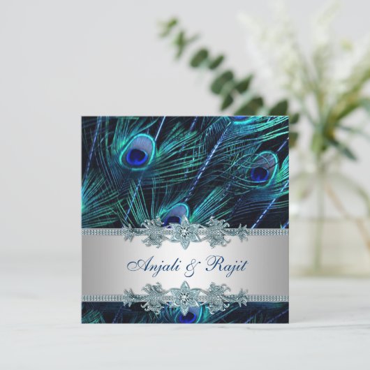 Invitation Royal Blue et Silver Royal Blue Peacock Mariage (Debout devant)